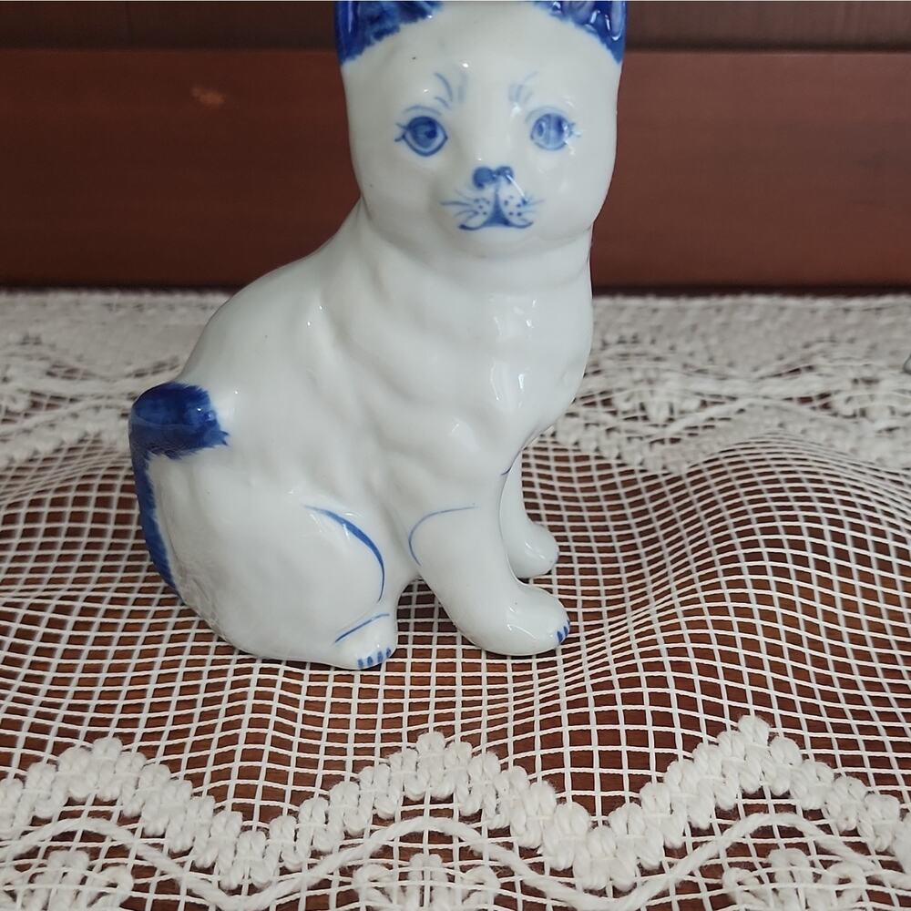 Porcelain Blue and White Cat Figurine
